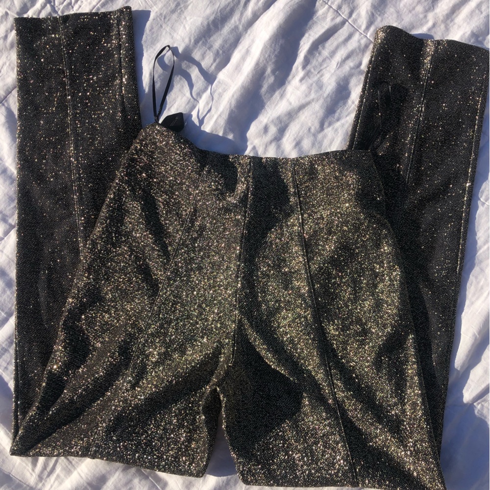 H&M Gold Sparkle Metallic Fully Lined Pants Zip & Button Side Stretch Women’s 2